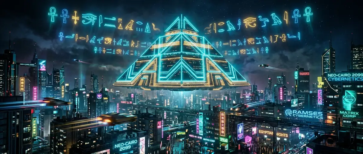 Neon glowing pyramid hovering over a cybernetic Egyptian city